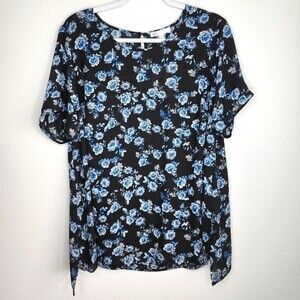 DR2 NWT Semi Sheer Floral Blouse Top Black Blue 1X
